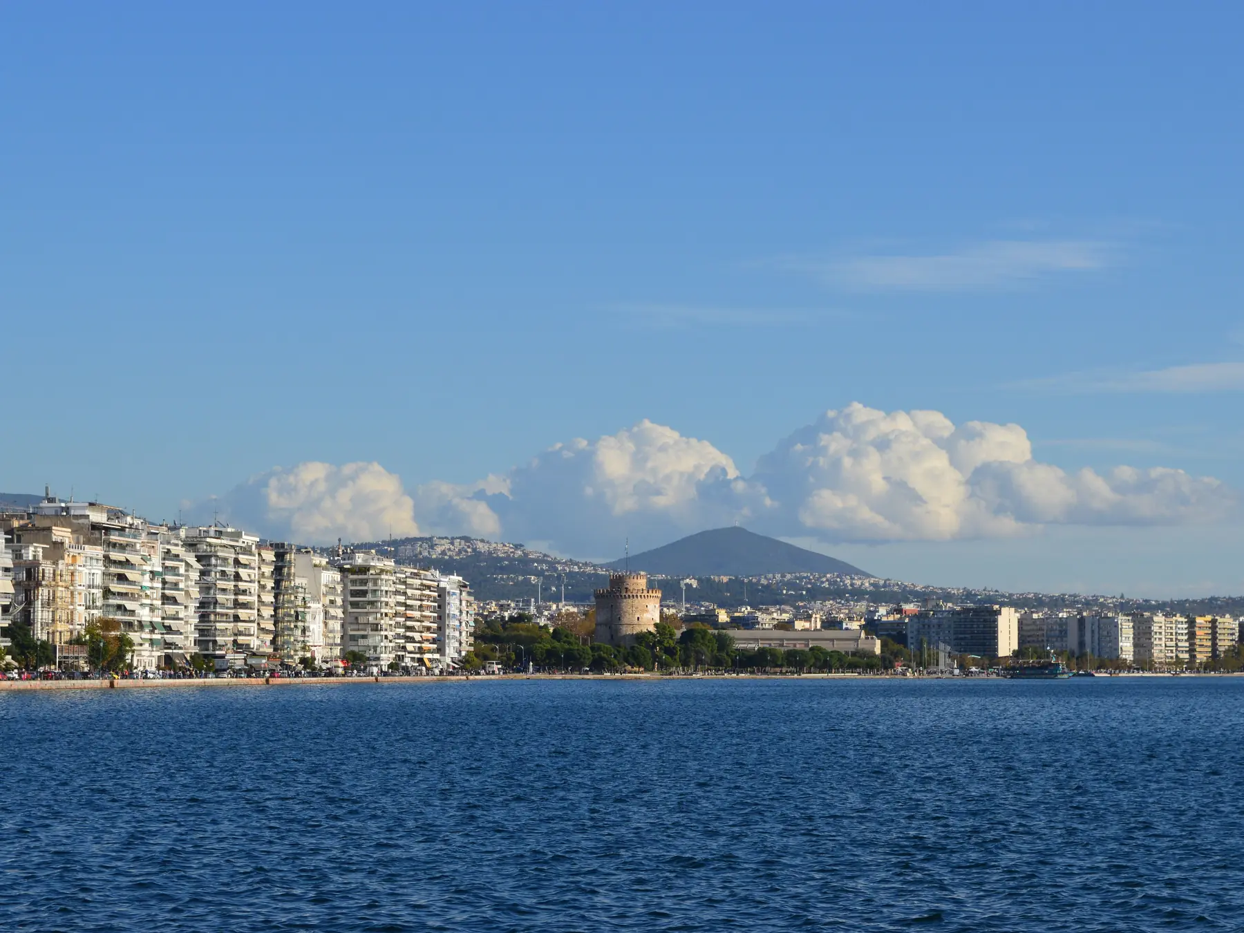 Thessaloniki seaside skyline with the White Tower along the waterfront