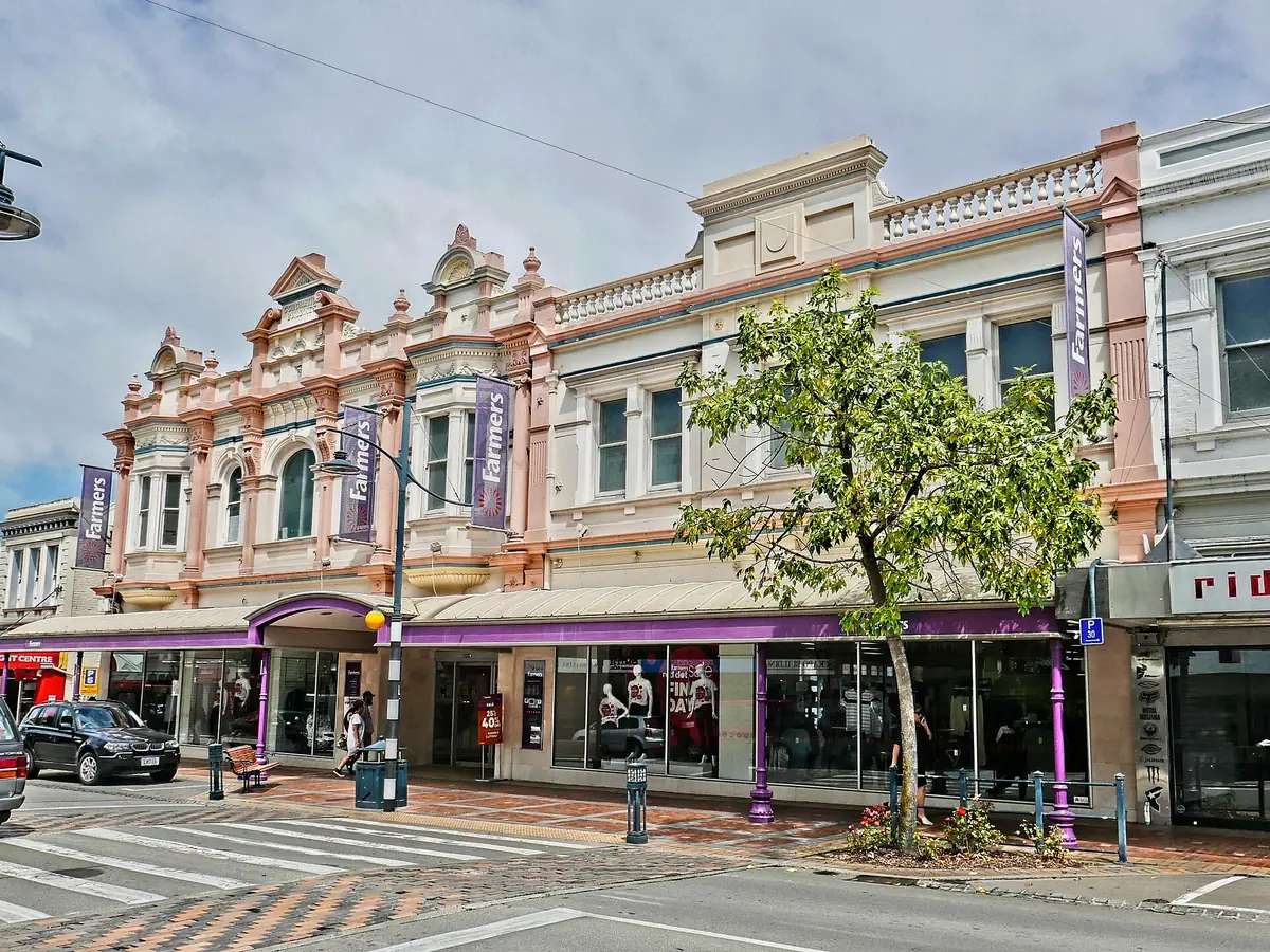 Historic commercial buildings along Stafford Street in central Timaru