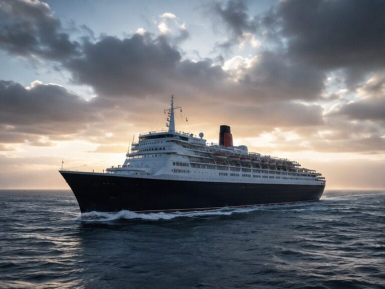 Elegant ocean liner crossing the open Atlantic beneath dramatic clouds