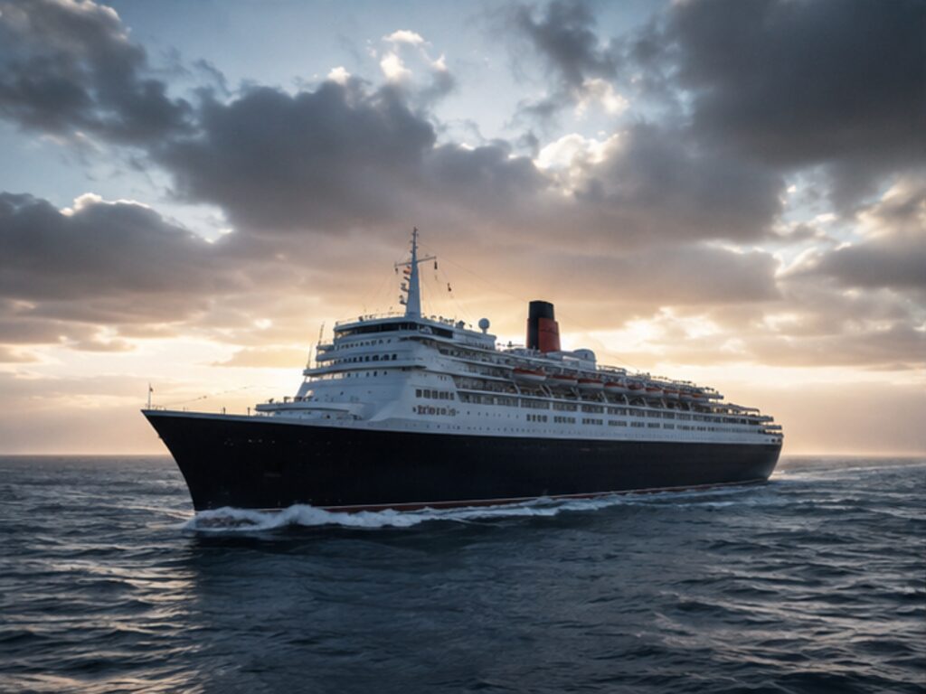 Elegant ocean liner crossing the open Atlantic beneath dramatic clouds