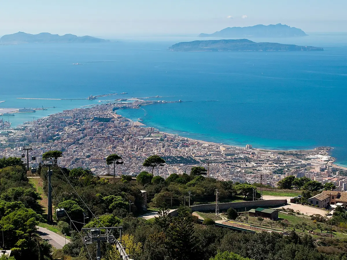 View of Trapani, its harbour, and the Egadi Islands from Erice