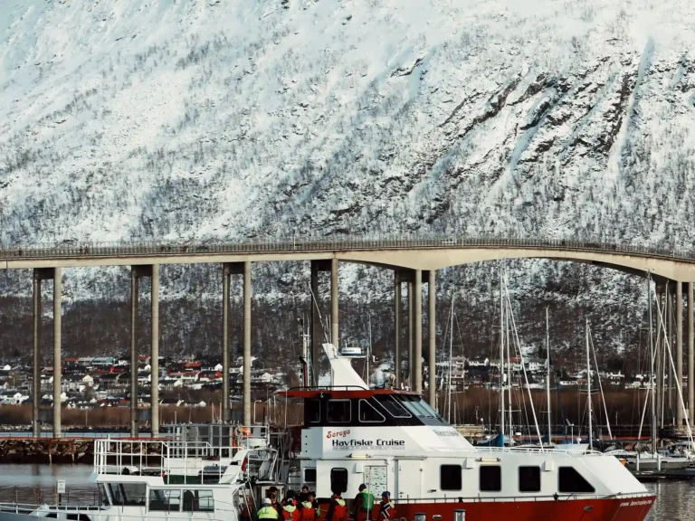 Boats in Tromsø harbor with snow-covered mountains and the Arctic city skyline behind.