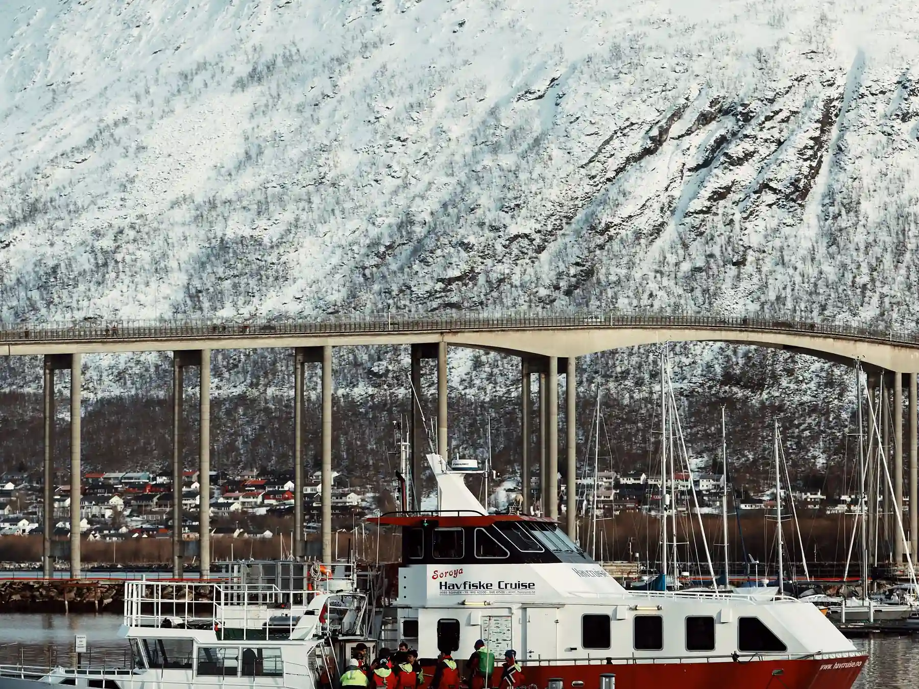 Boats in Tromsø harbor with snow-covered mountains and the Arctic city skyline behind.