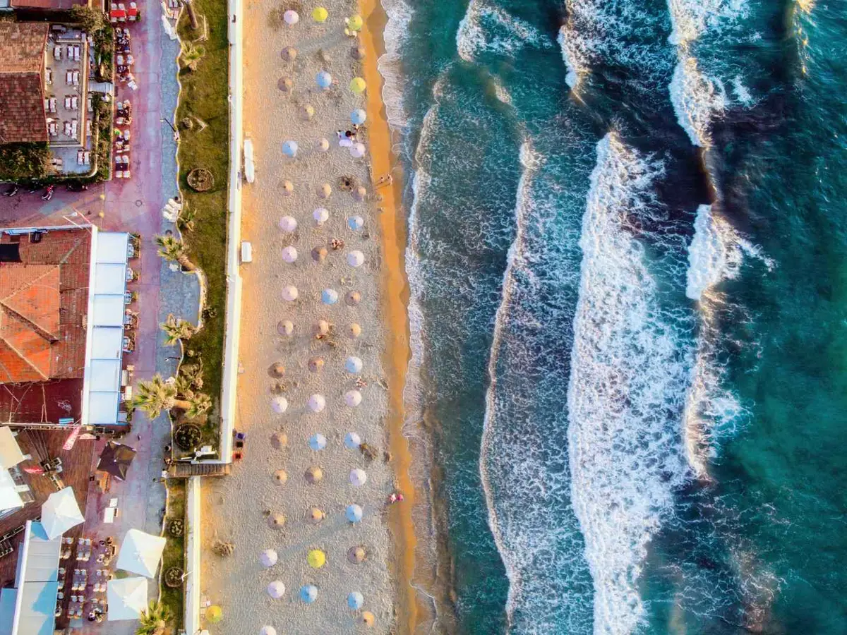 Aerial view of a sandy beach along the Kusadasi coast