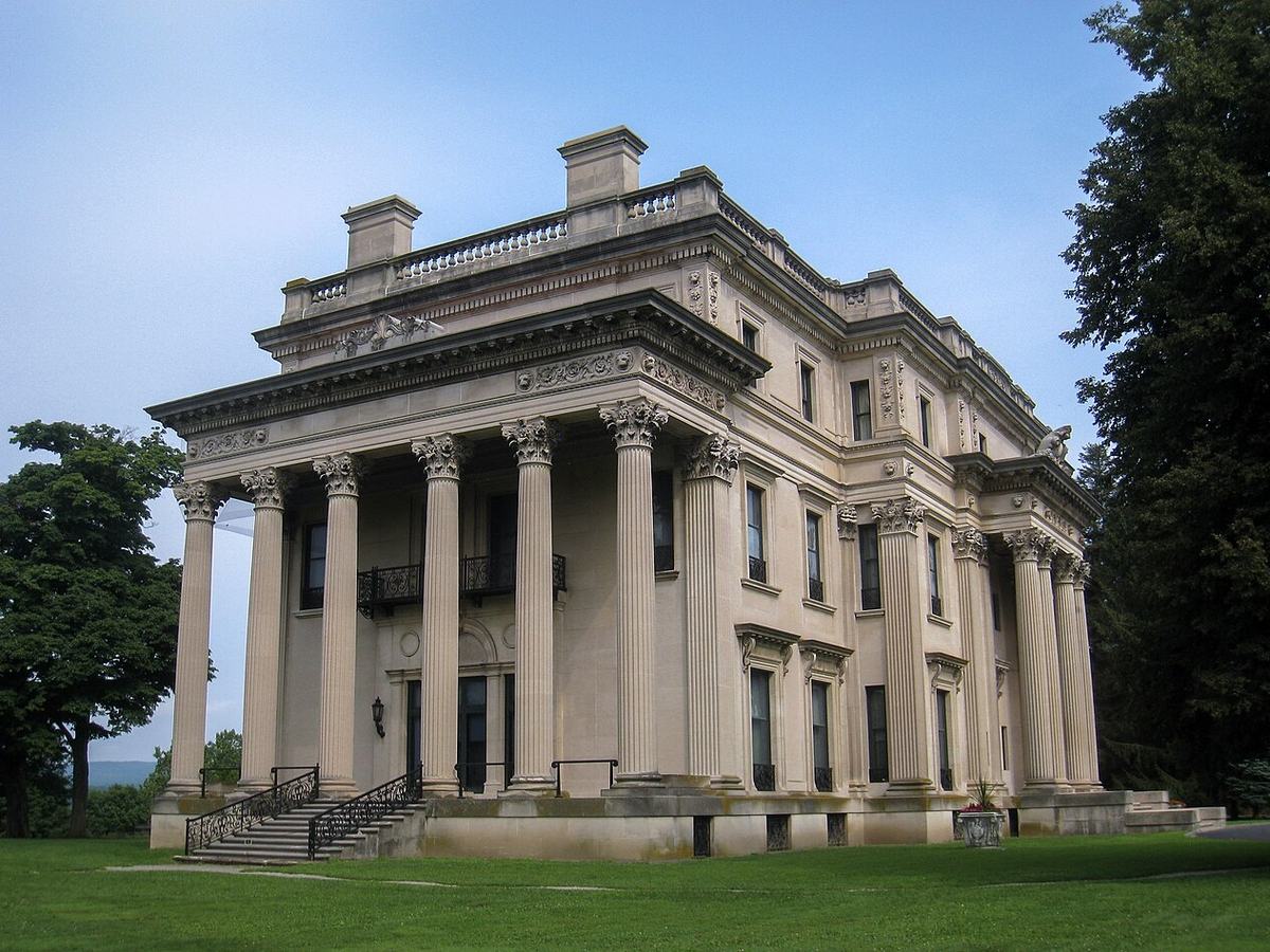 Columned exterior of Vanderbilt Mansion National Historic Site in Hyde Park