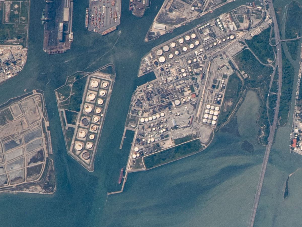 Aerial view of Venice and the Marghera industrial port