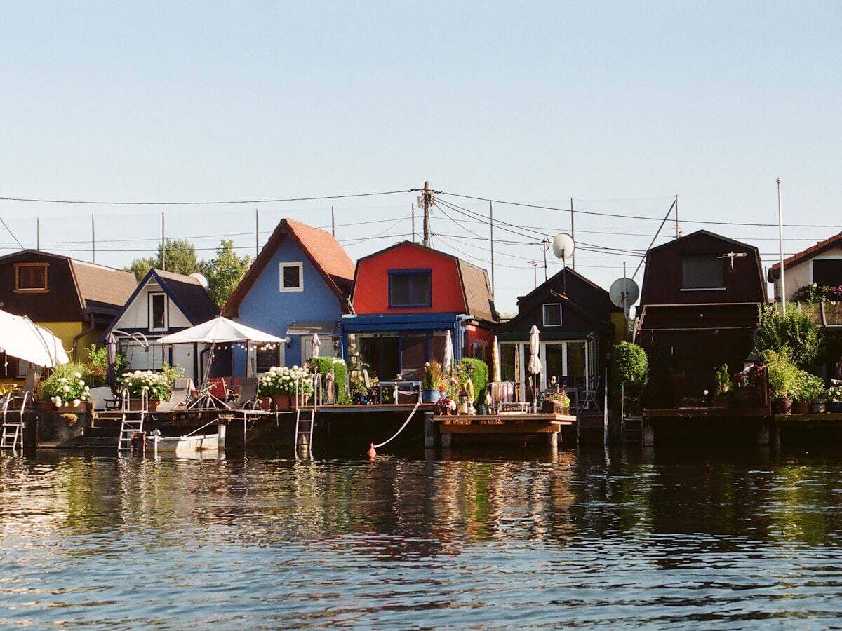 Colorful waterfront houses beside the Danube in Vienna