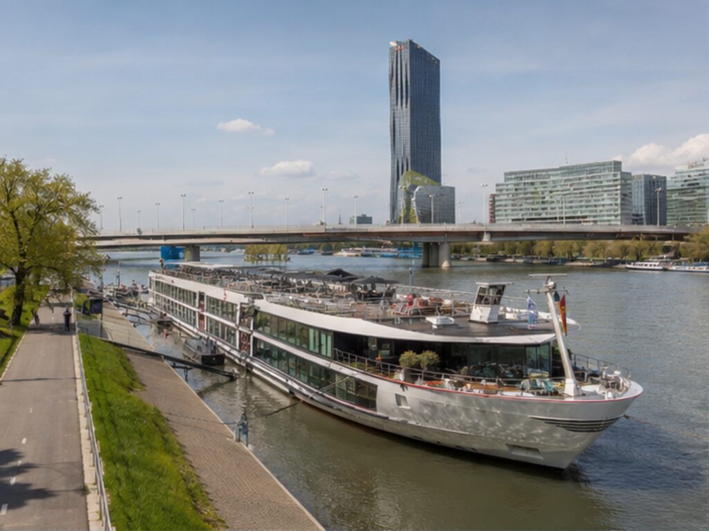 River cruise ship berthed at Handelskai near the Reichsbrucke in Vienna