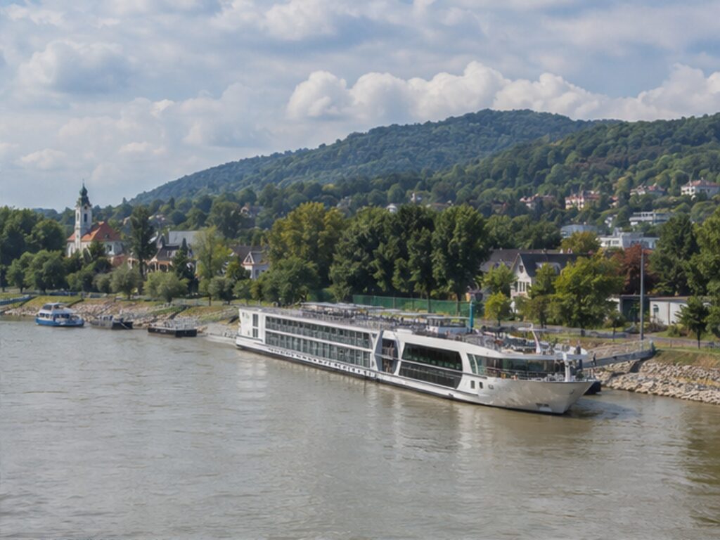 River cruise ship at a quiet Nussdorf quay on the Danube in Vienna