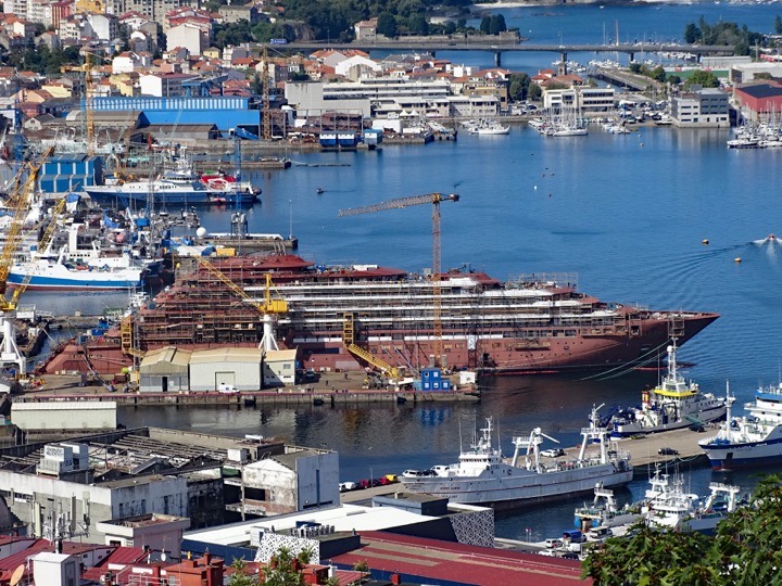 Large passenger ship under construction in a Vigo shipyard