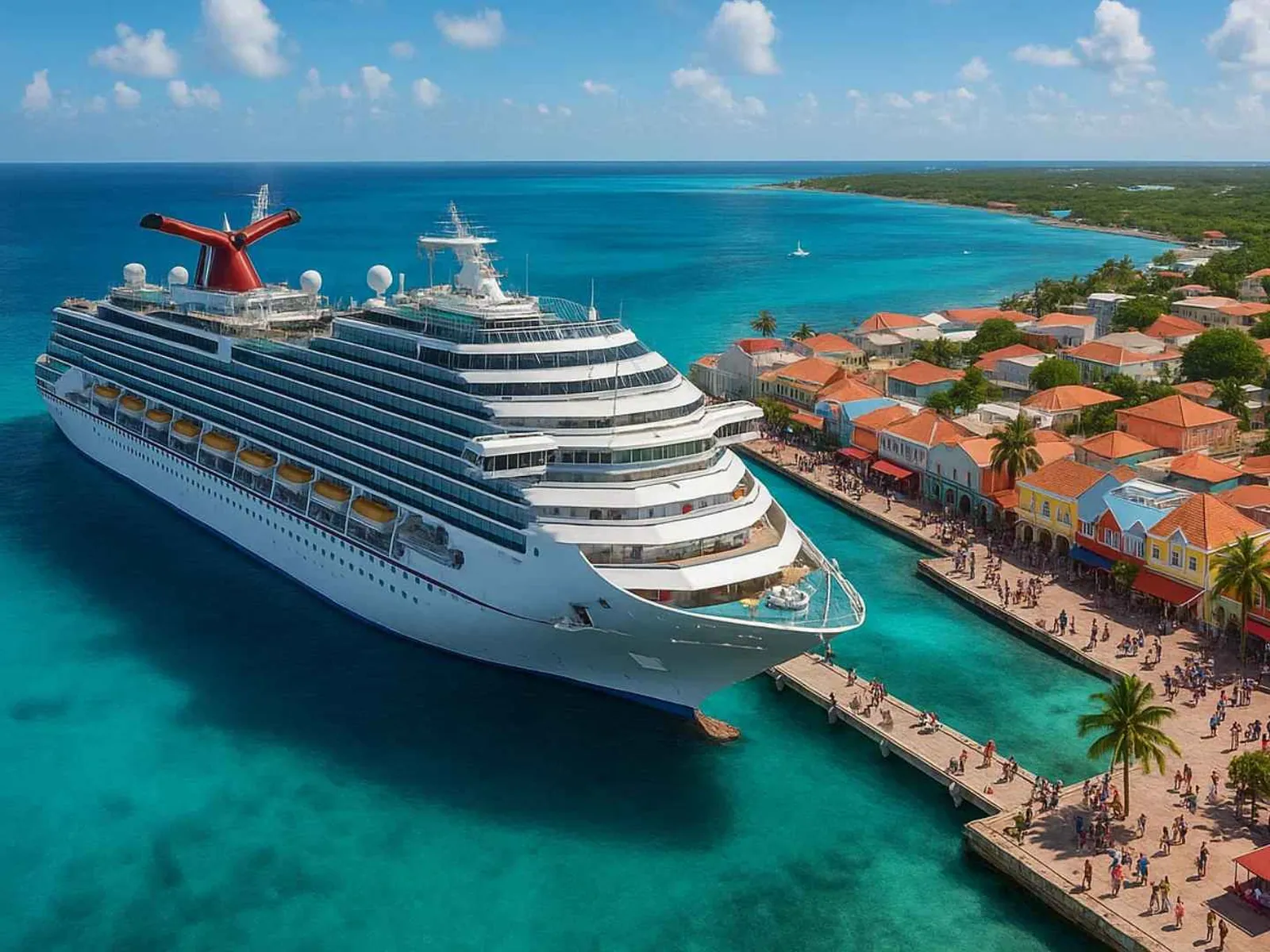 Cruise ship docked beside a colorful Caribbean waterfront