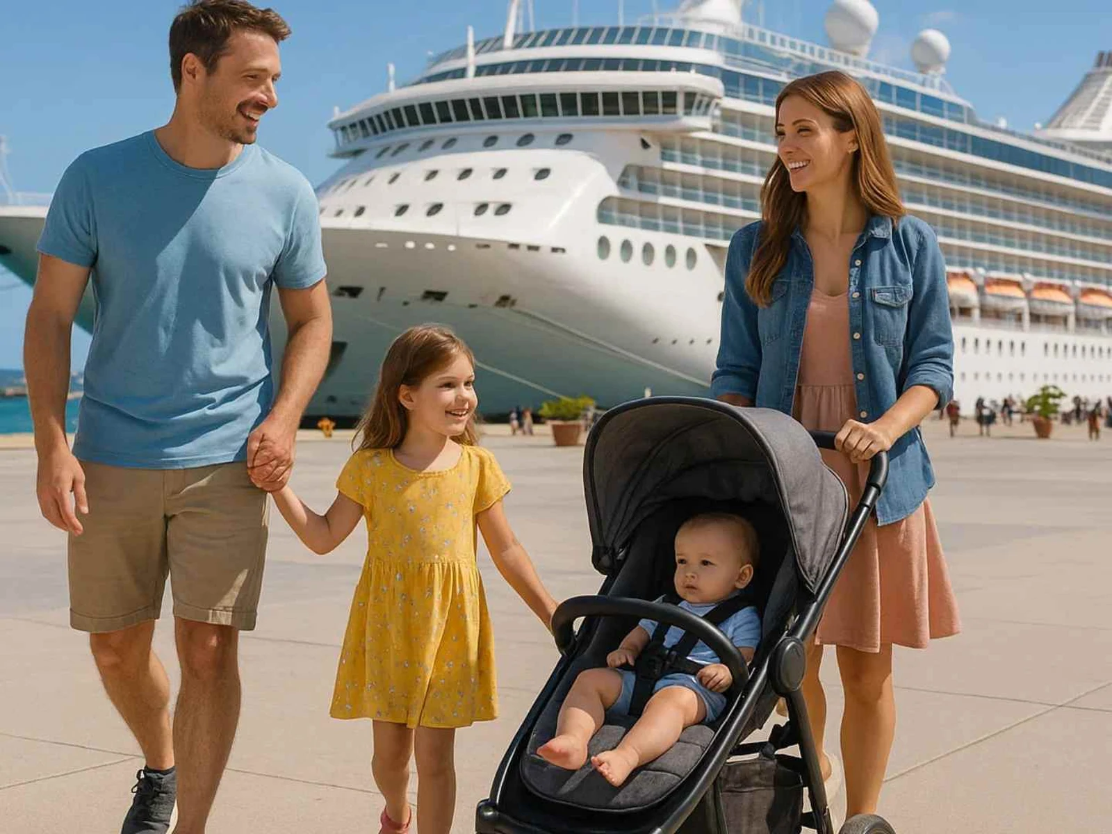 Family with a stroller walking beside a cruise ship