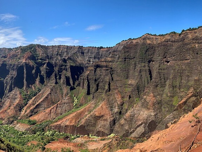 Layered red and green cliffs of Waimea Canyon on Kauai