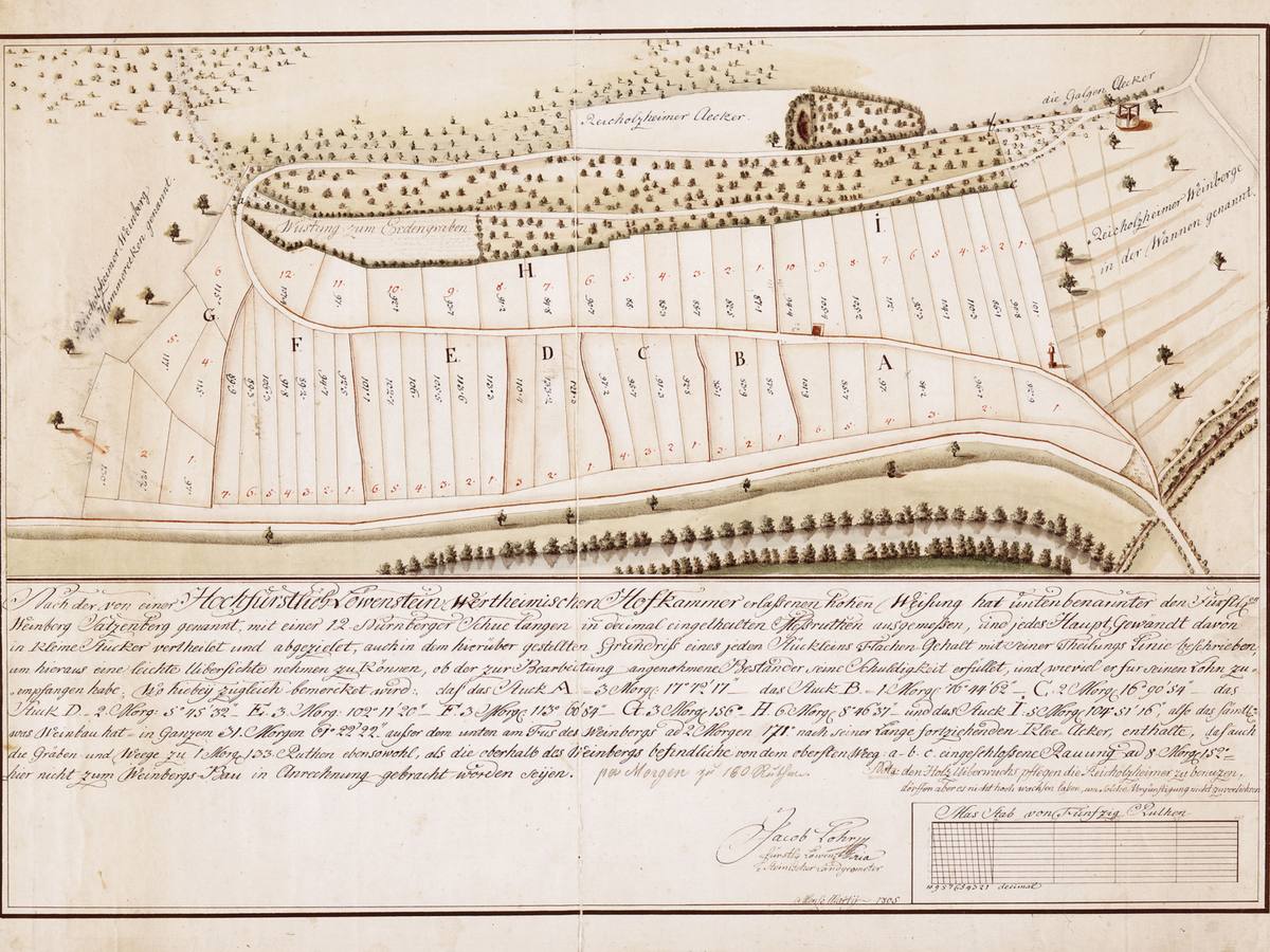 Reicholzheimer Satzenberg survey map 1805, vineyards, belonged to Bronnbach Abbey until 1802-1803, then to Löwenstein-Wertheim-Rosenberg in Wertheim, Germany