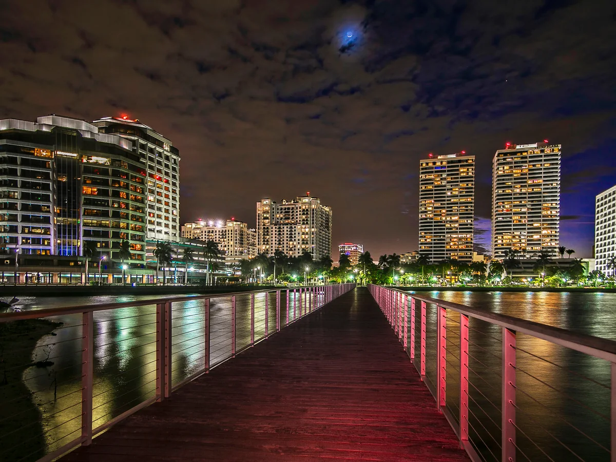 West Palm Beach waterfront and illuminated skyline at night