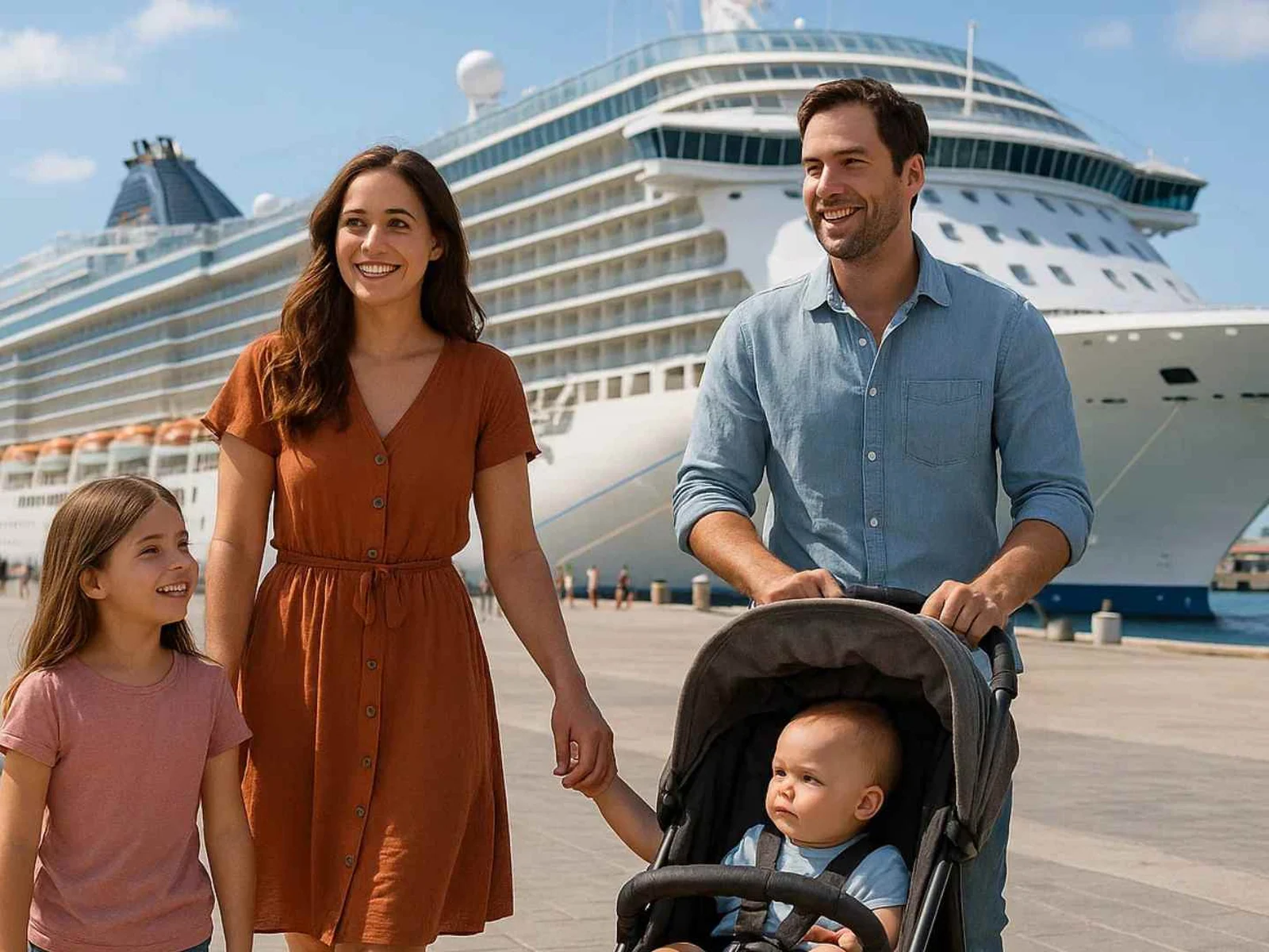 Parents and children with a stroller in front of a cruise ship