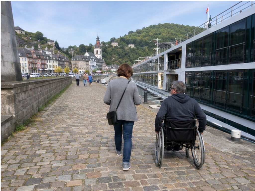 Wheelchair user traveling along a cobbled riverfront beside a docked river cruise ship