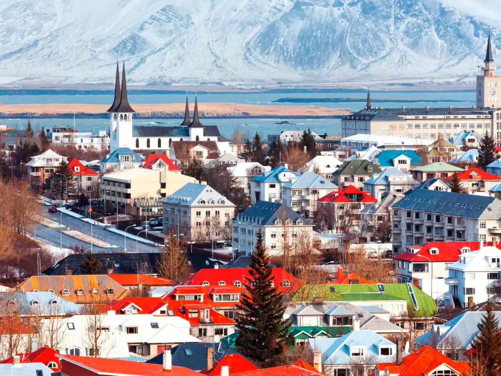 Reykjavik skyline with Hallgrimskirkja and snow-covered mountains