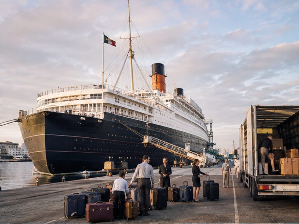Classic ocean liner at a world cruise turnaround port while luggage is loaded