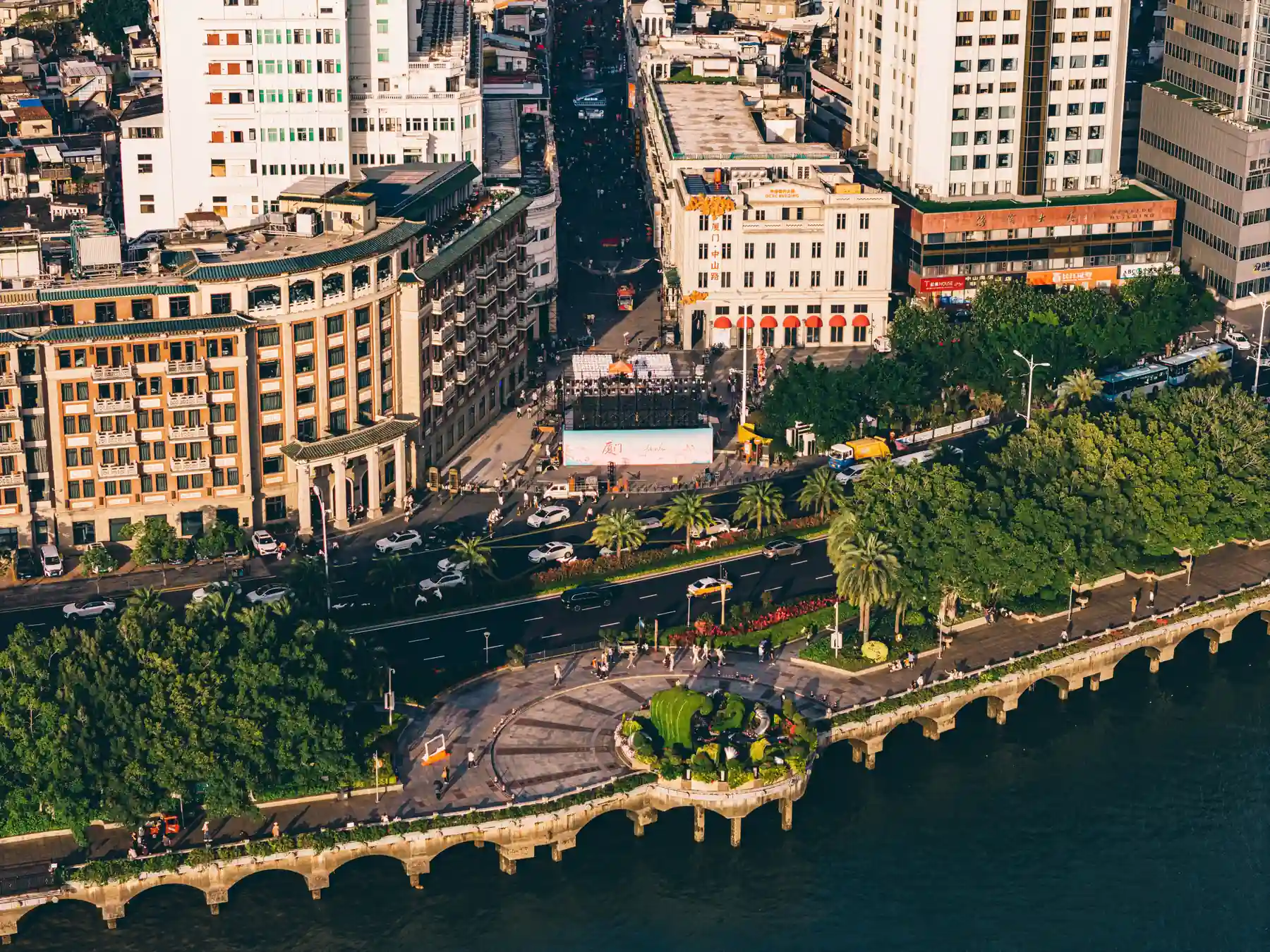 Aerial view of Xiamen waterfront promenade and high-rise buildings