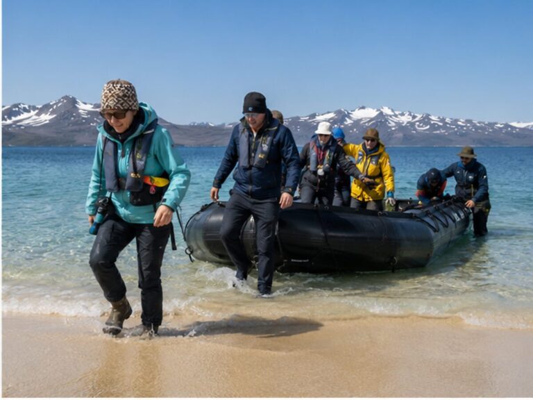 Passengers stepping from a Zodiac into shallow water during a wet beach landing