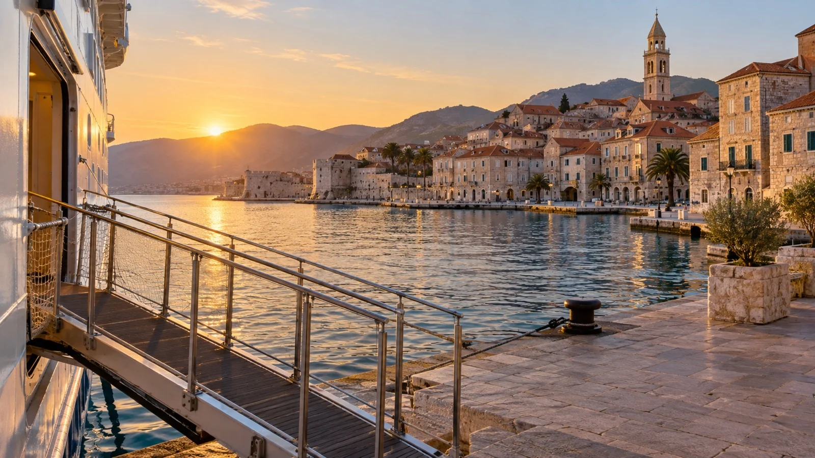 Cruise ship gangway leading to a walkable Mediterranean old town at dawn.