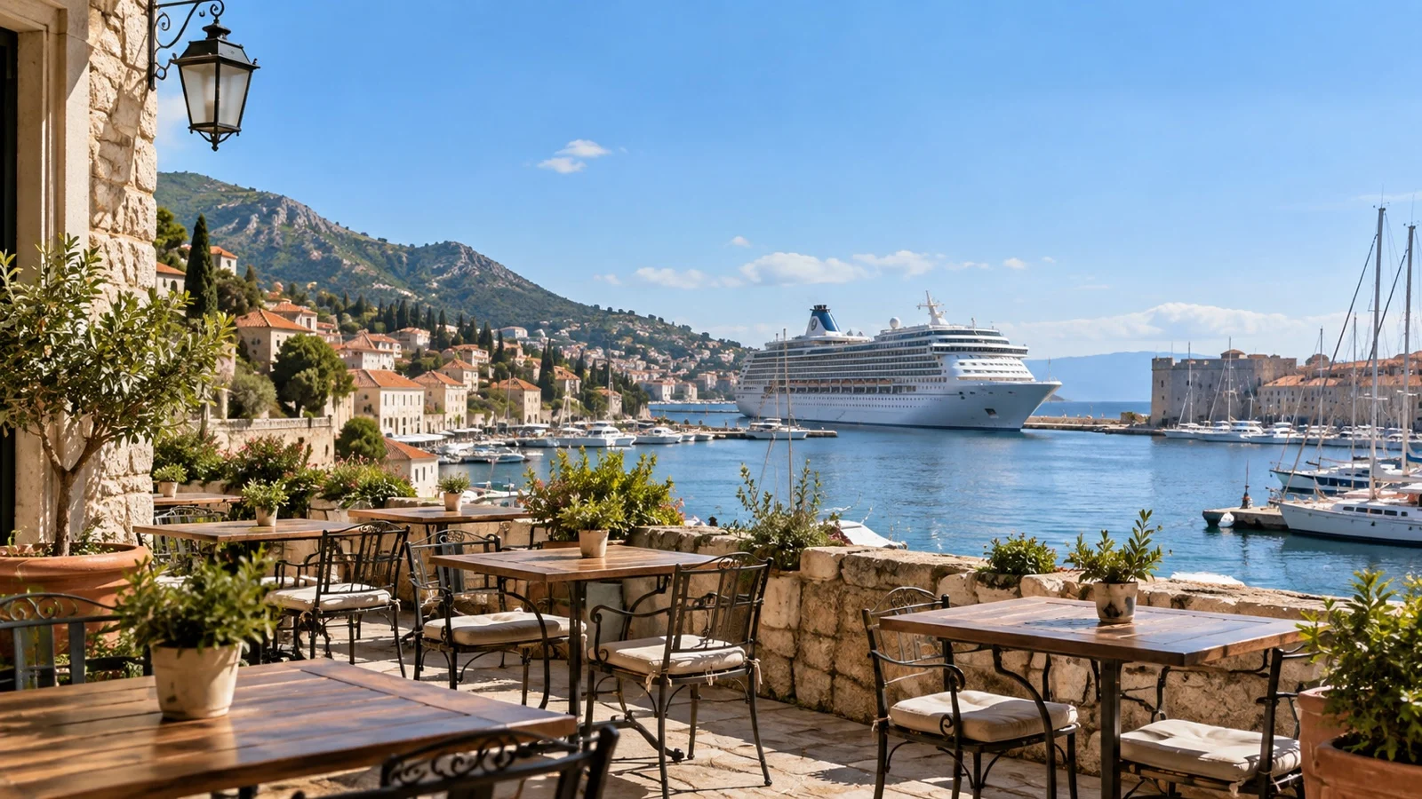 Empty seaside café terrace overlooking a cruise harbor.