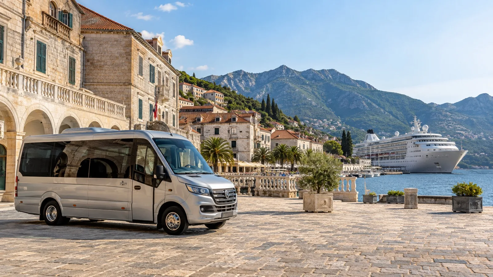 Small group tour minibus parked beside a historic port square with no passengers.