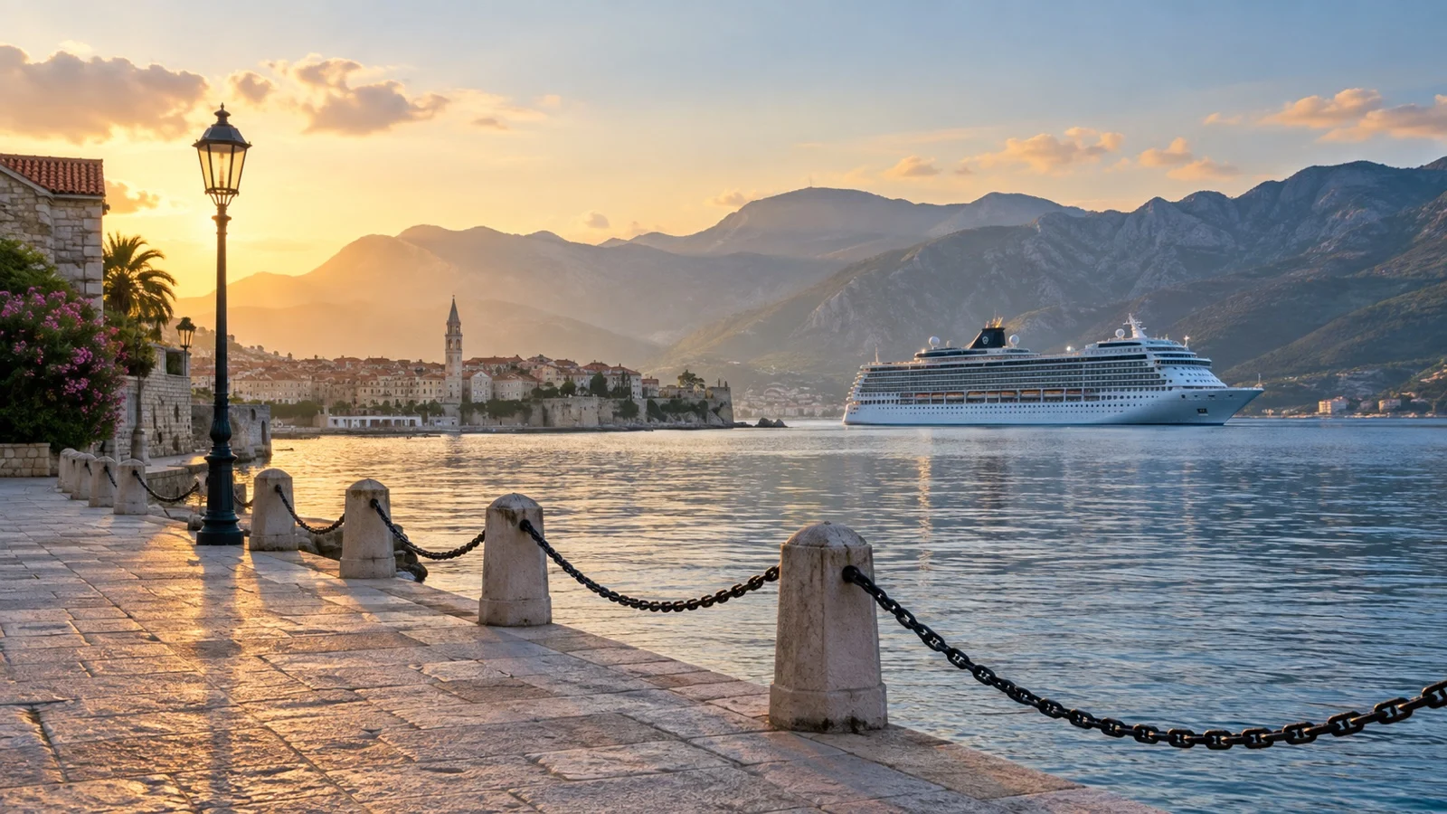 Quiet waterfront promenade with a cruise ship visible across the harbor.