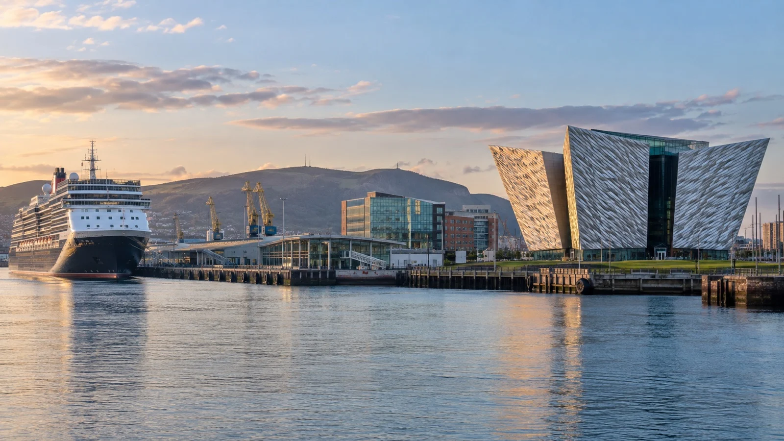 Belfast cruise harbor and Titanic Quarter waterfront.