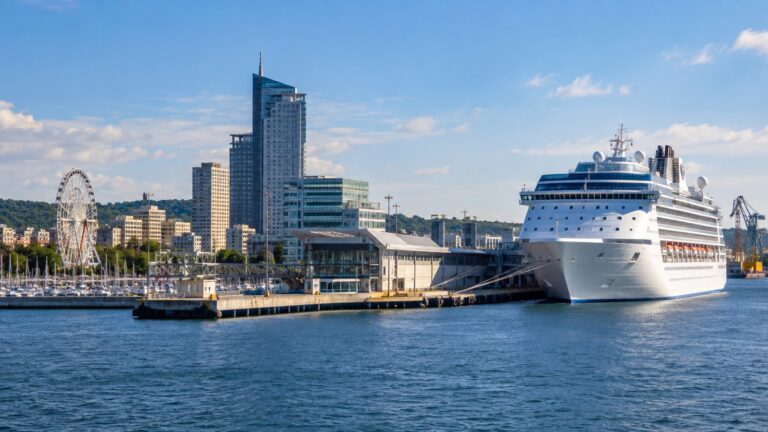 Gdynia cruise port with ship and modern Polish waterfront.