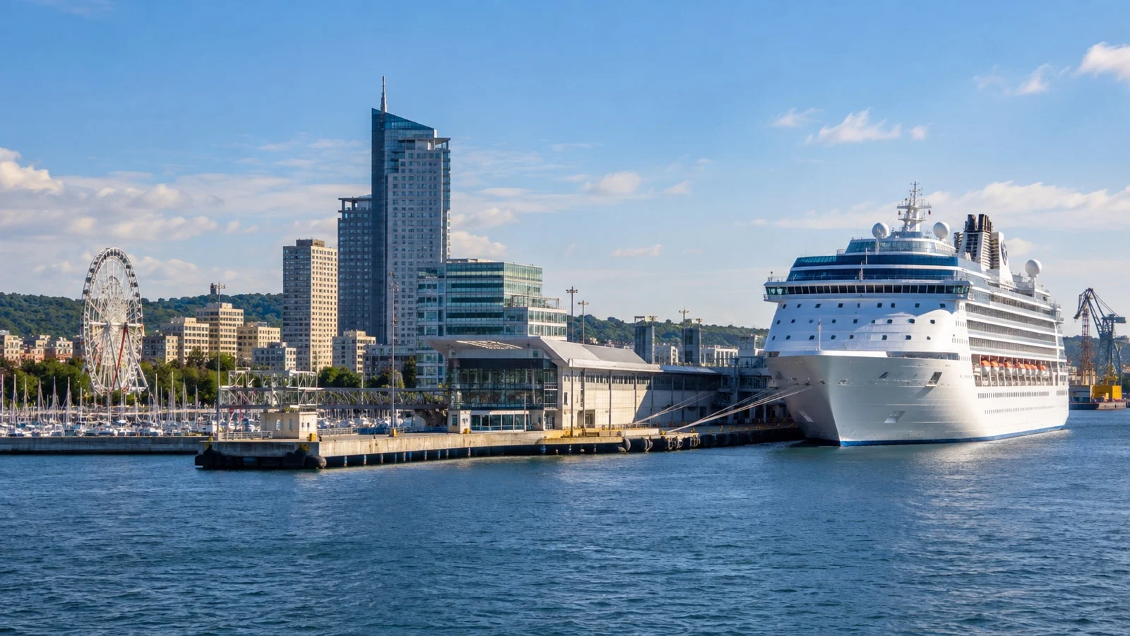 Gdynia cruise port with ship and modern Polish waterfront.