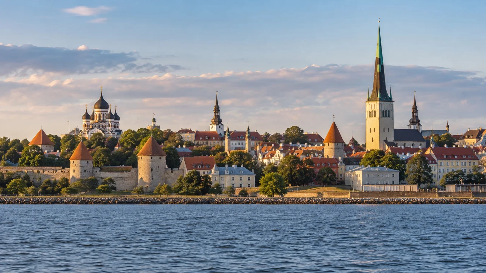 Tallinn medieval Old Town skyline seen from the Baltic Sea.