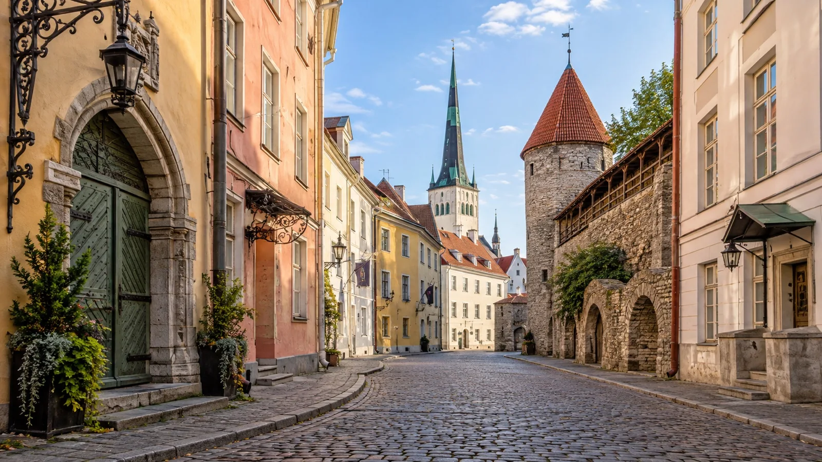 Tallinn Old Town cobblestone street and pastel merchant houses.