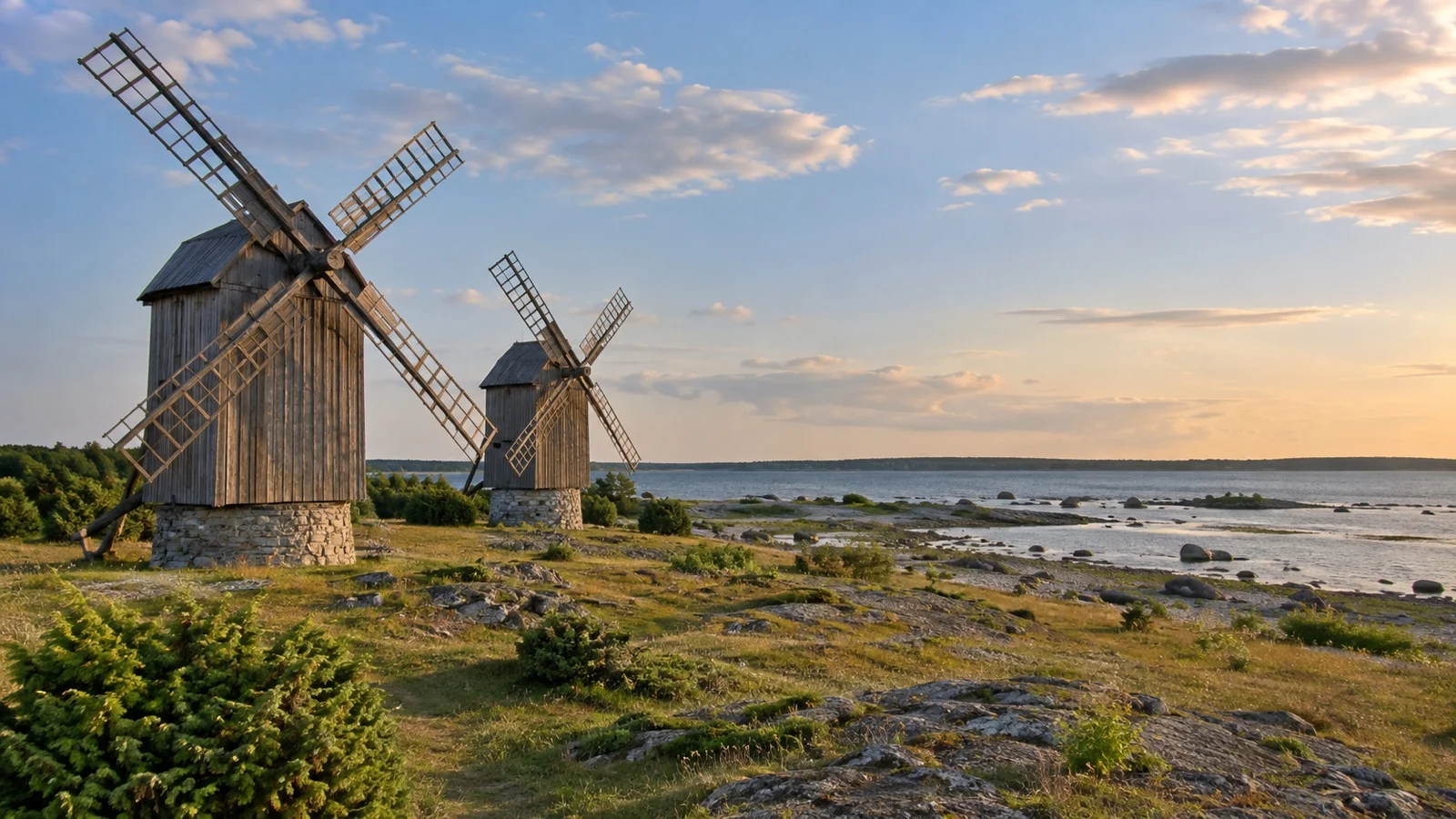 Saaremaa island windmills and Baltic coastal landscape.