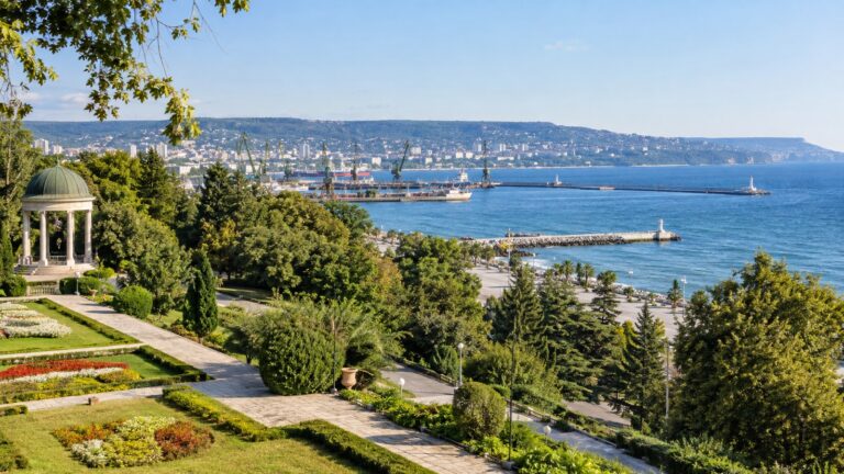 Varna Black Sea waterfront and historic sea garden.