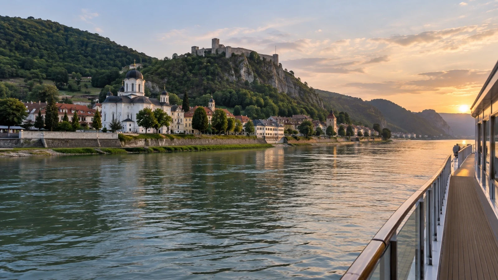Danube river ship passing a Romanian riverbank town.