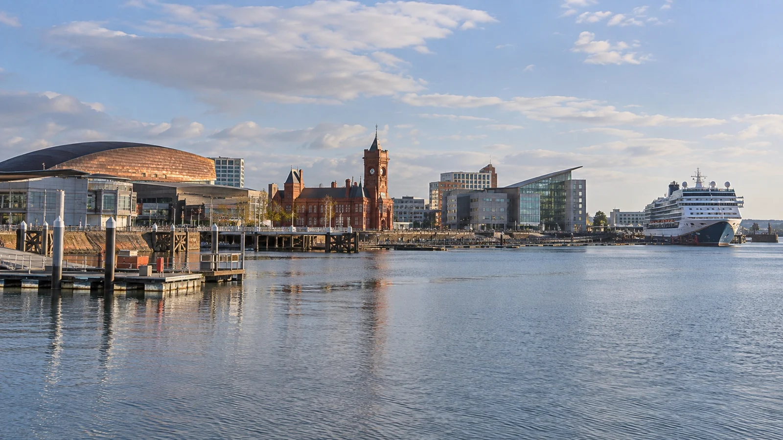 Cardiff Bay waterfront and modern cruise harbor approach.