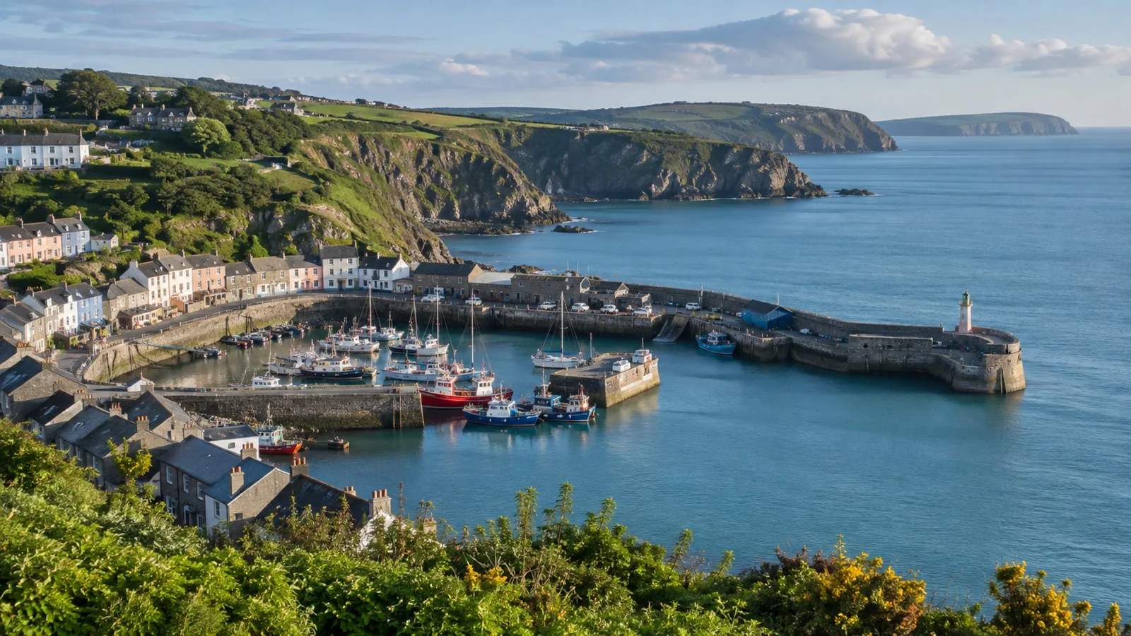 Fishguard harbor and the Pembrokeshire coastal cliffs.