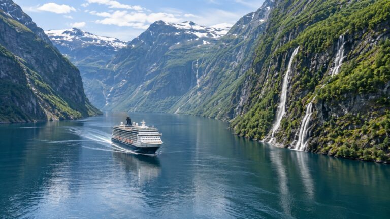 Cruise ship sailing between steep green Norwegian fjord cliffs.