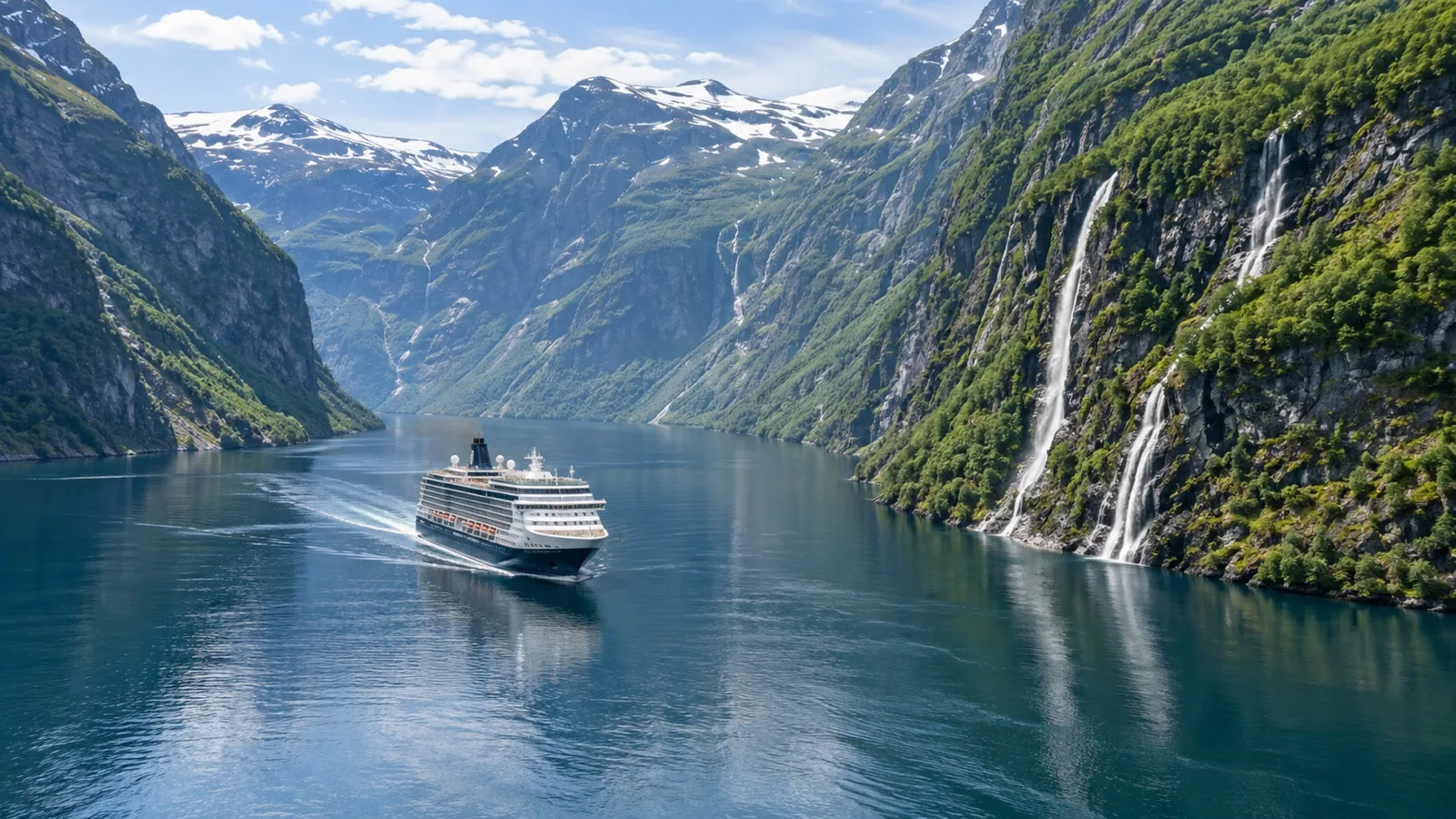 Cruise ship sailing between steep green Norwegian fjord cliffs.