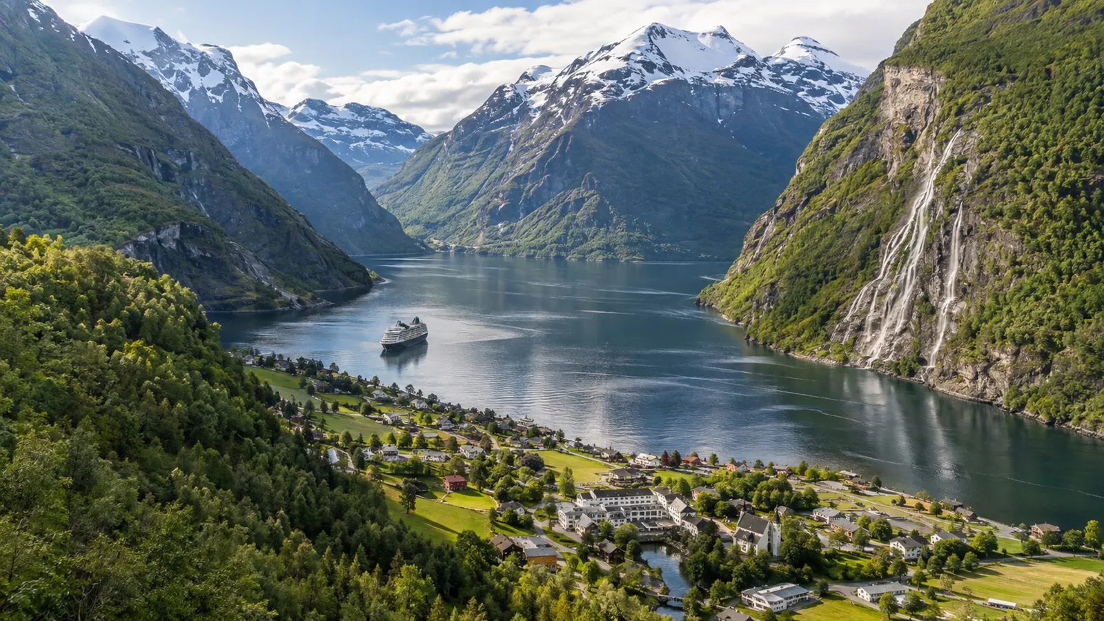 Geirangerfjord village and winding fjord water.