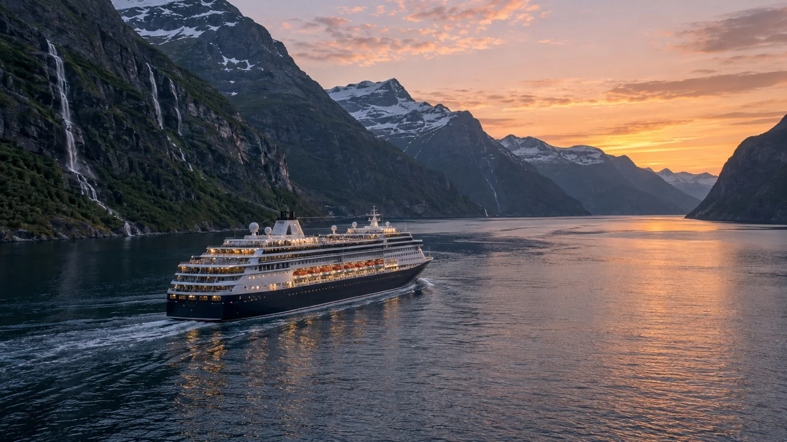 Northern itinerary cruise ship under long summer twilight.