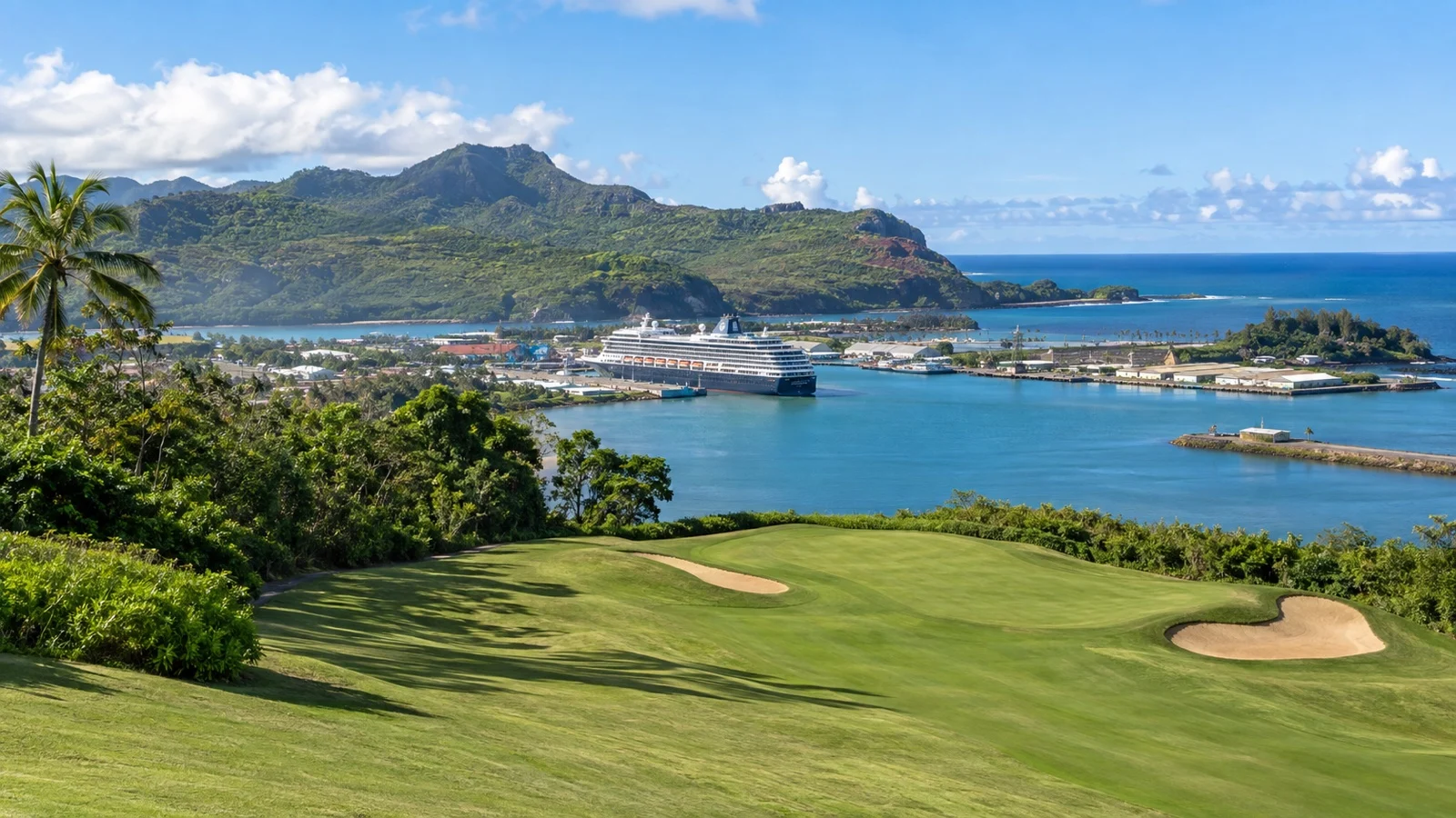 Kauai golf fairway overlooking Nawiliwili harbor.