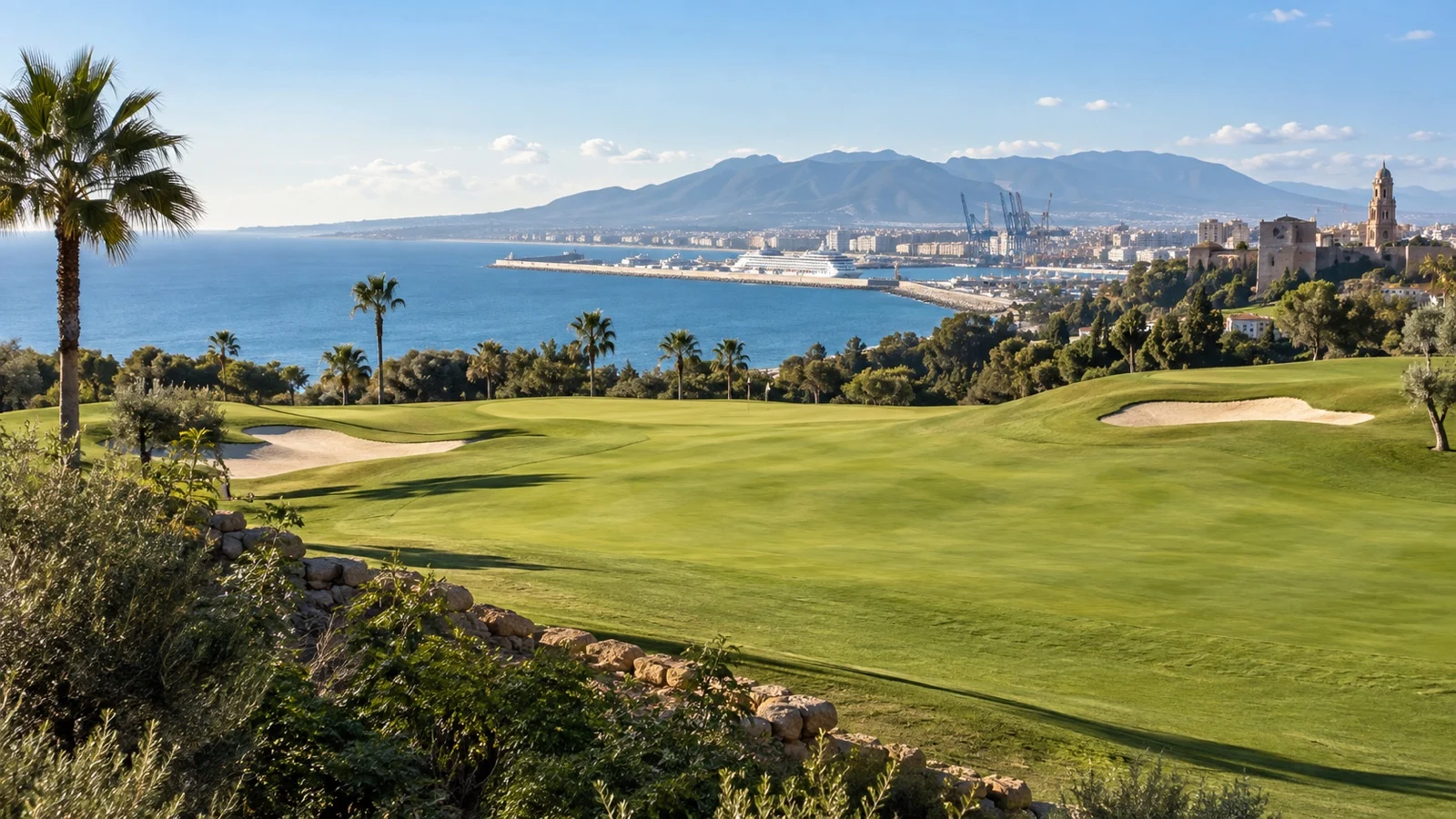 Malaga coastal golf fairway under Andalusian sun.