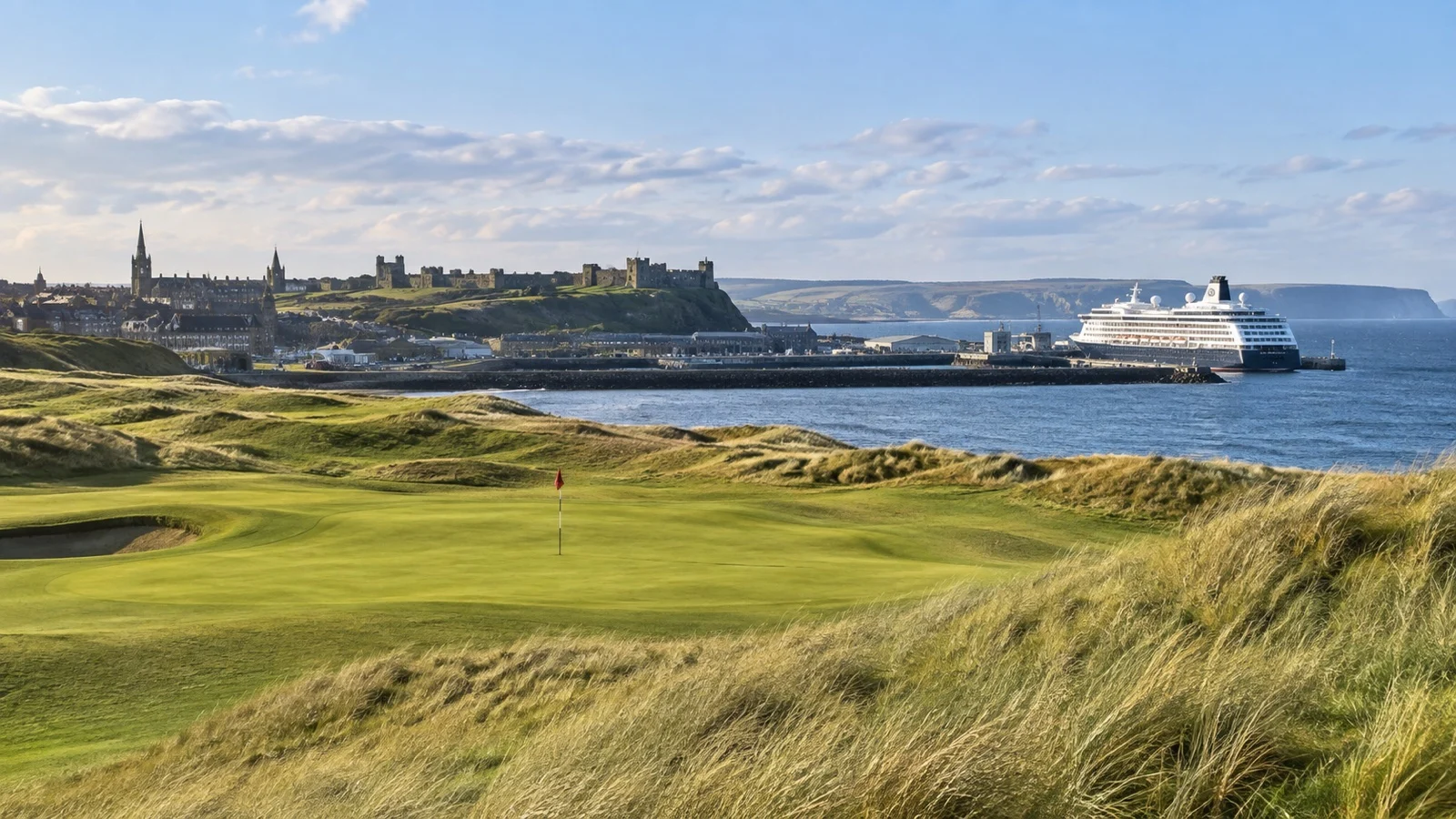 Scottish links golf course with sea dunes near a cruise port.