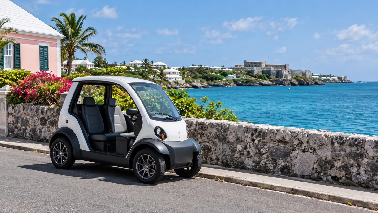 Empty electric minicar parked along a Bermuda seaside lane.