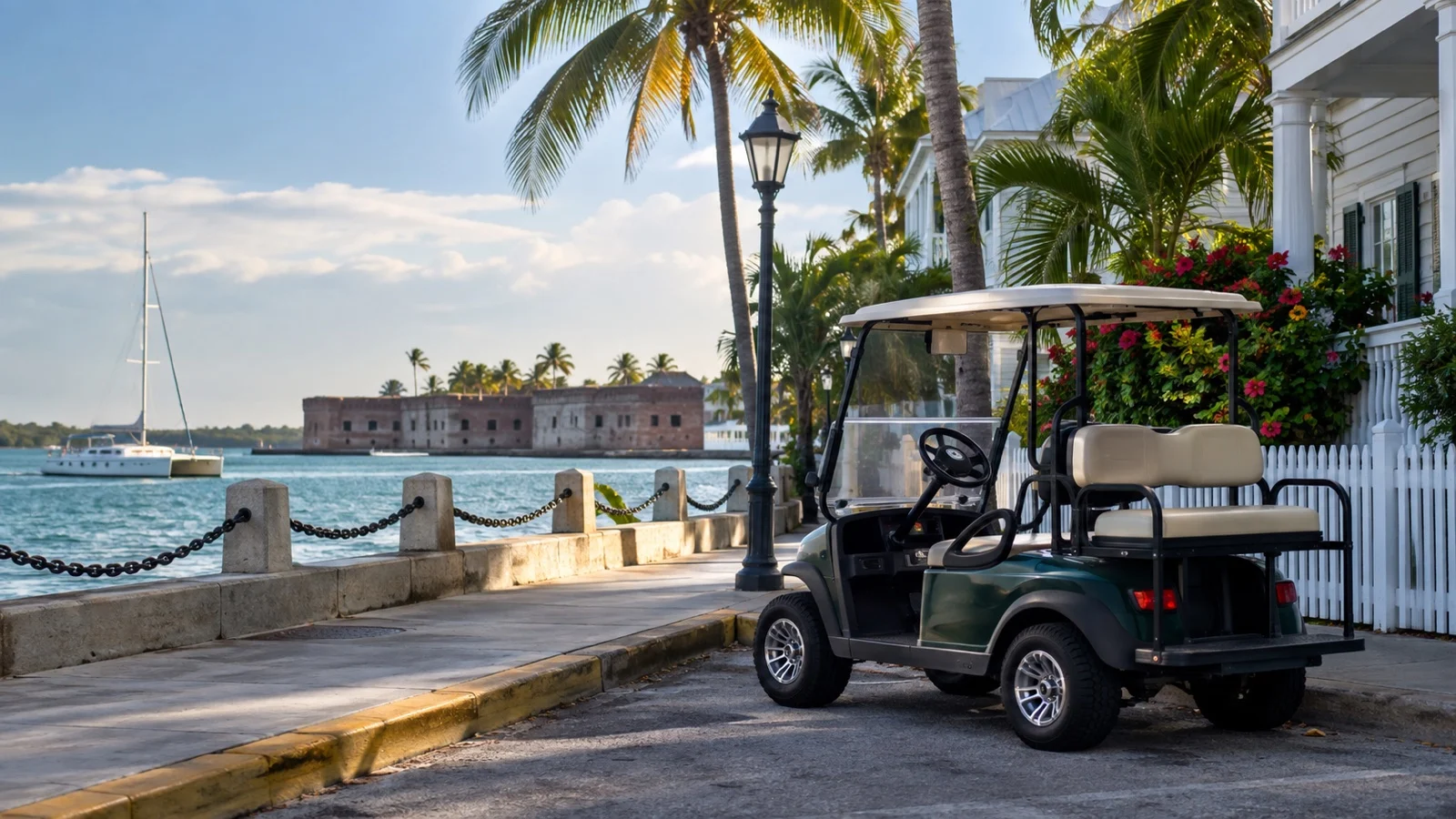 Golf cart parked near a Key West waterfront street.