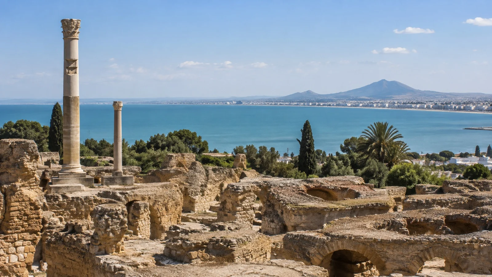Carthage Roman archaeological ruins above the Gulf of Tunis.