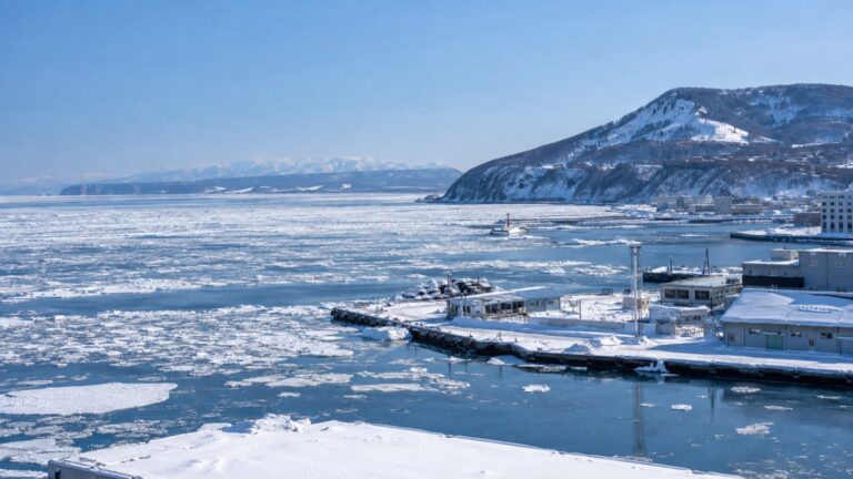 Snowy Abashiri harbor beside drift ice on the Sea of Okhotsk
